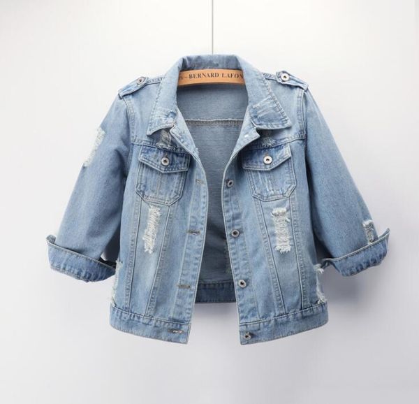 

denim jacket women's short slim seven-point sleeve spring and autumn summer denim jacket hole hole size, Black;brown