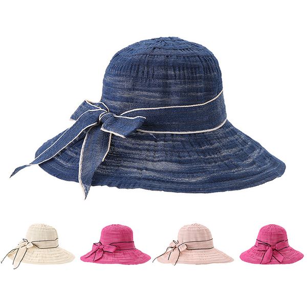 

new ladies fashion bow ribbon sun hat beach travel dome hat vacation breathable foldable sun easy to carry quick-drying, Blue;gray