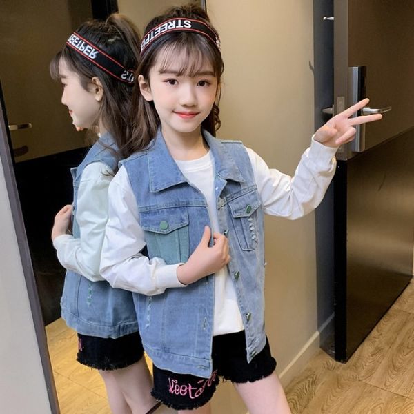 

girls vests solid hole denim waistcoats outerwear children spring summer fashion clothes kids jacket toddler sleeveless jackets, Blue;gray