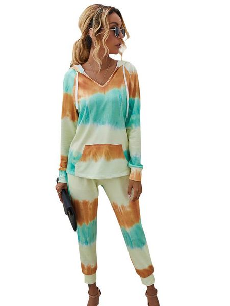 

casual women high street vintage tie-dyed print hoodie women sweatshirt and jogging trousers tracksuit sweatsuit 2pcs/set, Gray