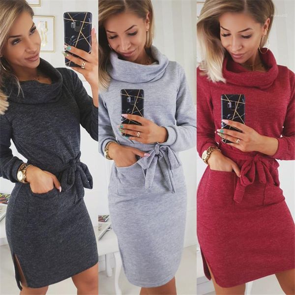 

split dress casual female clothing autumn womens designer pencil dress solid color printed turtle neck pocket, Black;gray