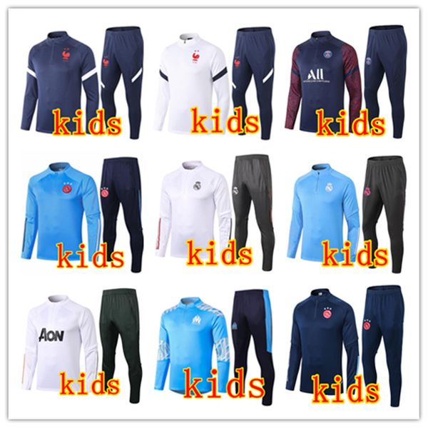 

20 21 real madrid kids soccer tracksuit 2020 2021 france paris marseille kids football training suit survetement chandal joggin sets, Black;white