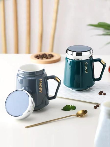 

nordic mirror lid ceramic vacuum mug cup heat resistant handle office coffee teacup bussiness gift