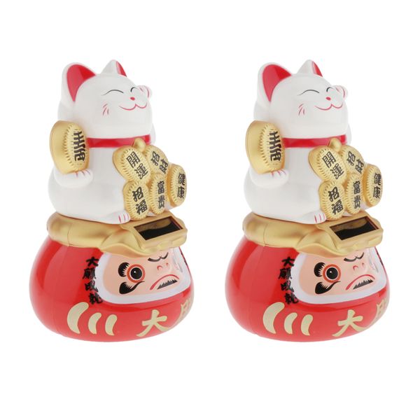 

2x solar power waving hands lucky fortune cat white chinese