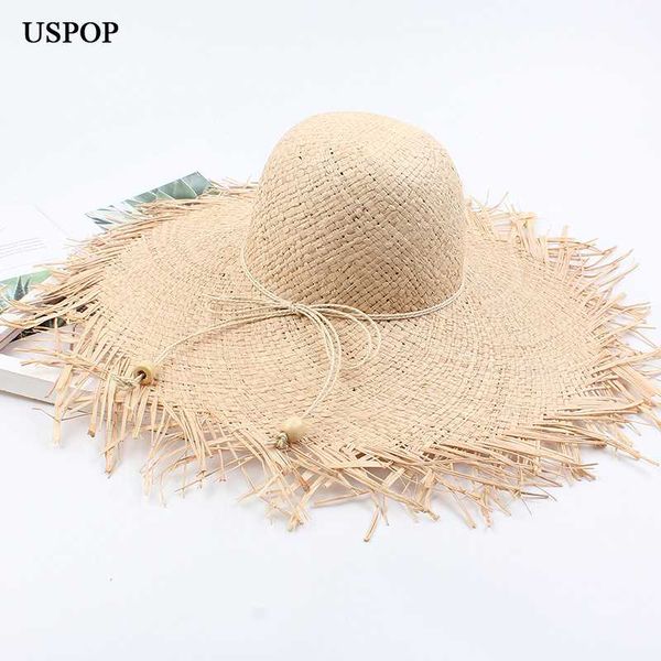 

wide brim hats uspop 2021 summer women raffia sun fashion rough edges straw bow super beach, Blue;gray