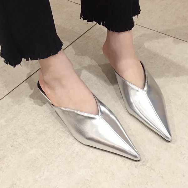

shoes women woman's slippers lady female mule slides pointed toe thin heels low soft 2020 girl mules silver cover basic rome, Black