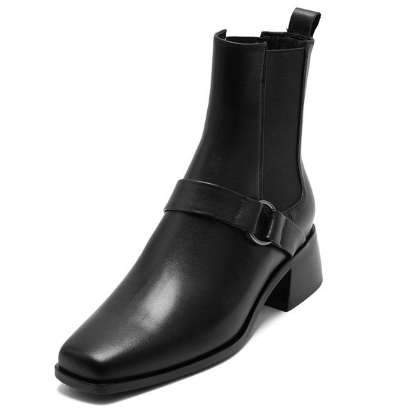 

2021 comfortable genuine leather women square heel ankle boots classic design shoes for women working office shoes woman heels, Black