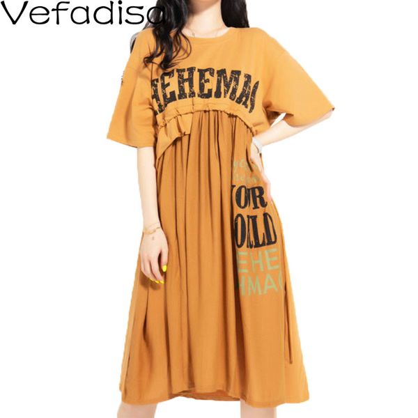 

vefadisa patchwork letter print women dress 2020 summer drawstring dress knee-length women black green yellow qyf3157, White;black