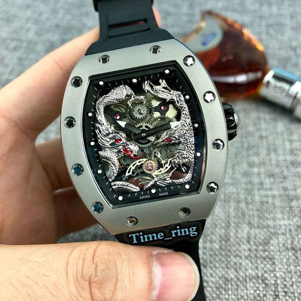 

edition rm57-013d dragon and phoenix totem dial silver steel case japan miyota automatic movement mens watch rubber strap luxry watches, Slivery;brown