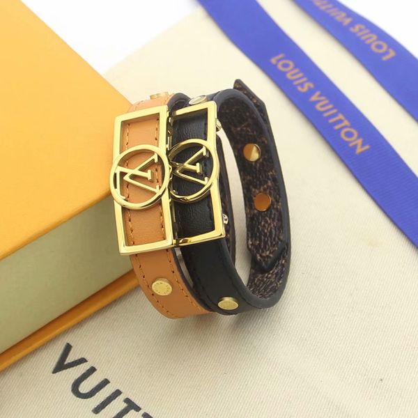 

fashion lady print flower hollow out v letter design leather bracelet bangle with 18k plated gold accessories, Black