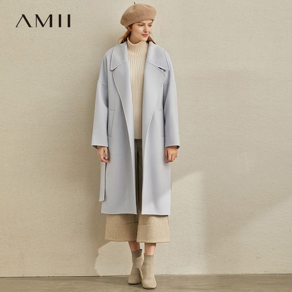 

amii minimalist winter woolen coat women fashion solid loose lapel belt female long jackets 11980094, Black