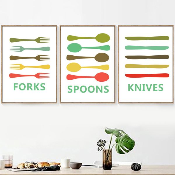 

cartoon knives forks spoons nordic posters and prints wall art canvas painting wall pictures for living room kitchen wall decor