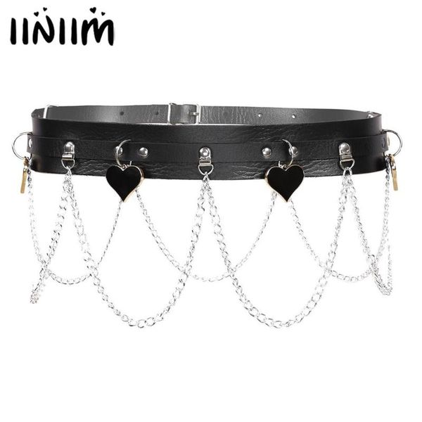 

womens punk gothic adjustable faux leather harness cage belt waist with o-ring/heart chain tassel bondage clubwear party show, Black;brown