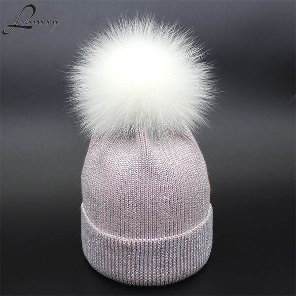 

lanxxy 2020 winter hats for women bonnet beanies caps real white for fur pompom hat bright silk knitted gorro beanie skullies, Blue;gray