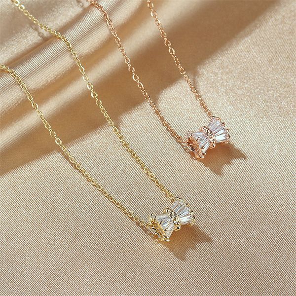 

zorcvens 2020 new fashion rose gold color stainless steel chain cubic zirconia bow pendant necklace for woman, Silver