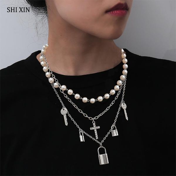 

shixin 3 pcs/set separable short pearl choker necklace colar with cross/key/lock pendants necklace for women/men fashion jewelry, Silver