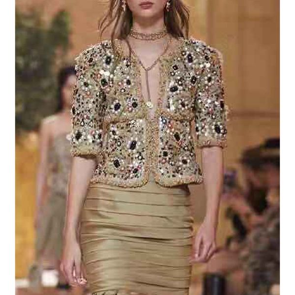 

11.18 2020 early autumn new fashion runway heavy industry beading embroidery diamonds design half sleeve temperament coat, Black;brown