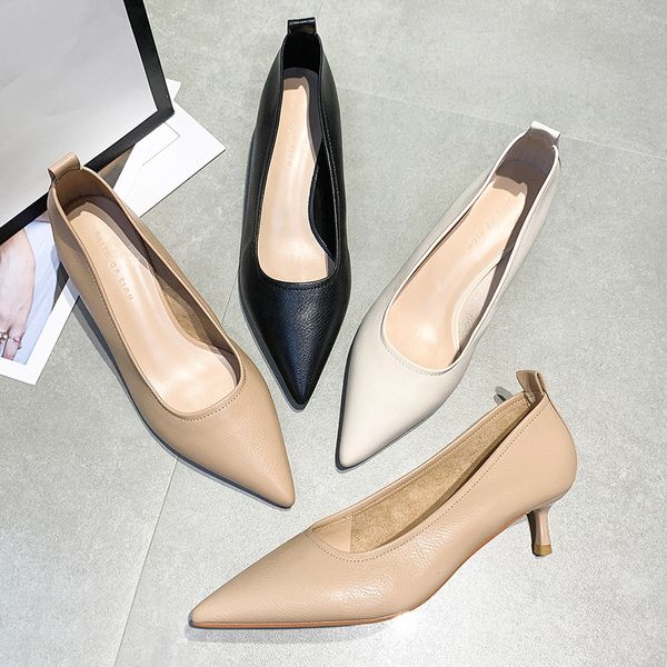 

new korea women heels work career solid black beige nude pointed toe elegant comfortable soft split leather woman pumps