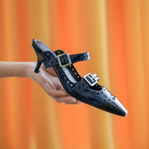 

slippers 100% cow leather 6cm thin heels women pointed toe summer ladies buckle party mules shoes woman, Black