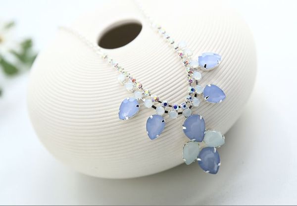 

new fashion colour rhinestone with blue water drop silver plated chain necklaces for women wedding #n036, Black