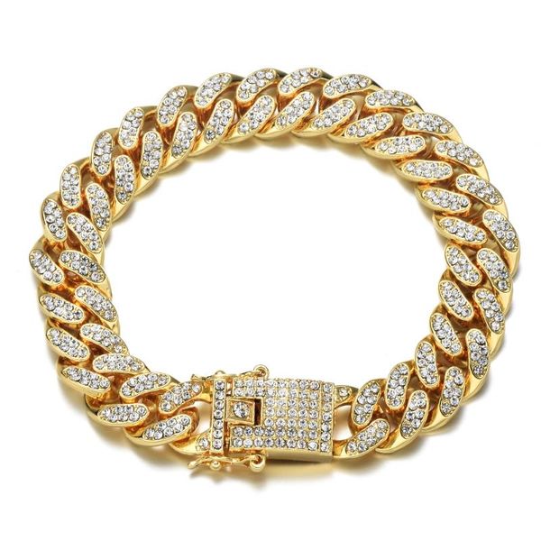 

us7 bling iced out miami cuban link chain full crystal pave men's bracelet gold silver color bracelets for men jewelry, Black