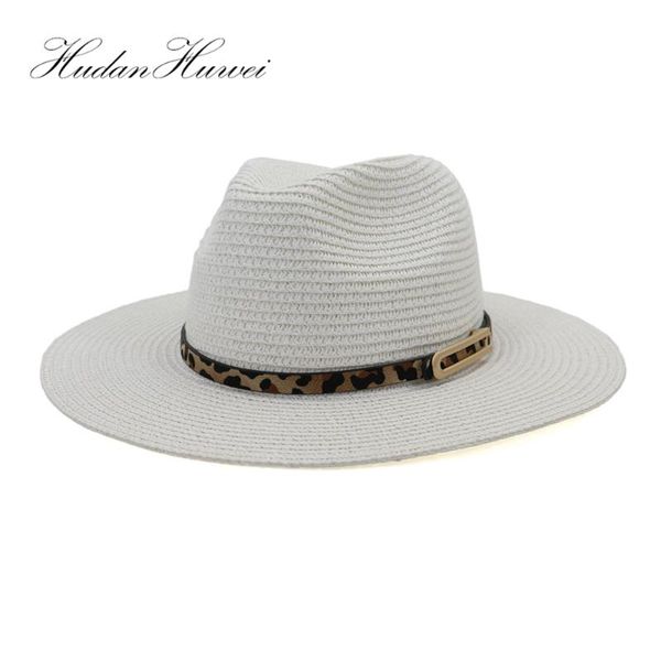 

summer men women paper straw panama jazz hat sombrero outdoor beach cap wide brim sun hats with leopard print leather band, Blue;gray
