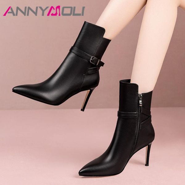 

annymoli buckle genuine leather high heel short boots pointed toe thin heels zip fashion ankle boots lady autumn winter beige, Black
