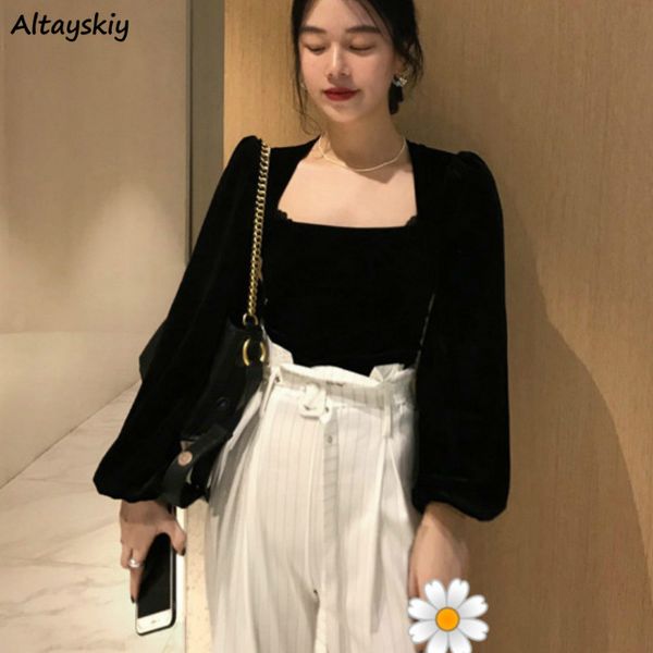 

women's blouses & shirts women black velour spring arrival puff long sleeve elegant female retro fashion stylish comfortable breathabl, White