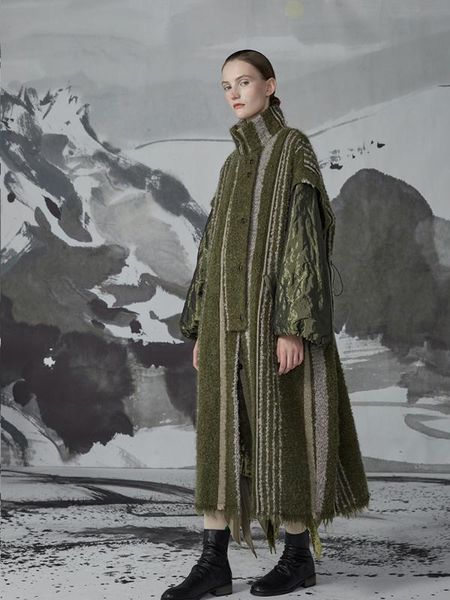 

original design women autumn winter elegant warm turtleneck long wool coat ladies oversize long striped army green woolen jacket, Black