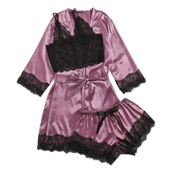 

pizama satyna 3pcs women lace satin patchwork pajama set robe wireless bra camisole shorts purple bow sleepwear elegant tie up#n, Black;red