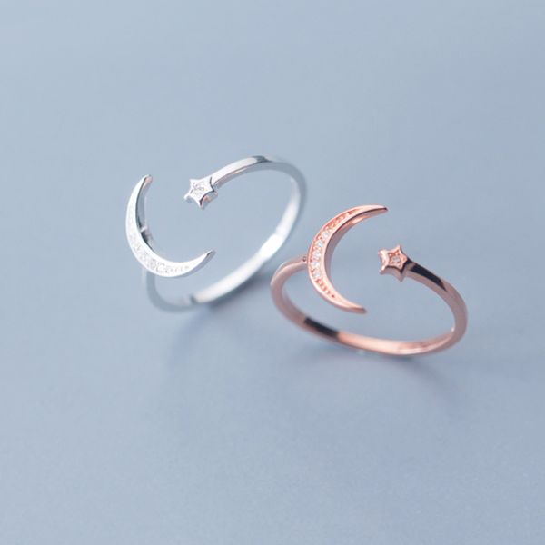 

cluster rings 925 sterling silver adjustable women rhinestone moon star cz wedding for girls party jewelry 2021, Golden;silver