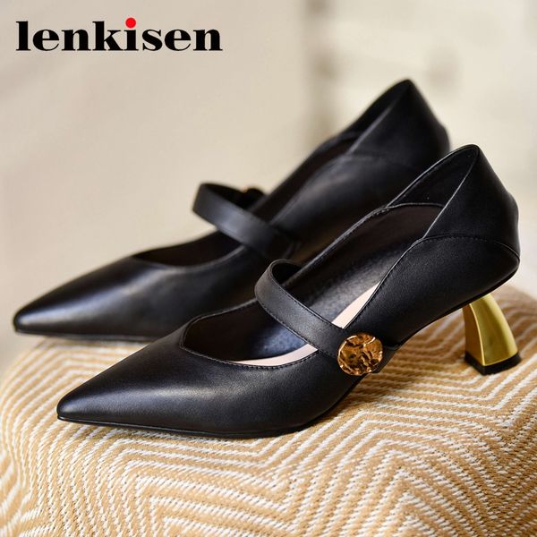 

lenkisen french romantic natural leather pointed toe strange high heels special design beauty lady daily wear women pumps l88, Black