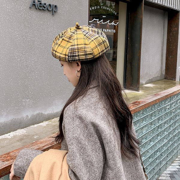

202009-jinxi autumn blended british lattice plaid school style lady beret hat men women leisure painter hat, Blue;gray