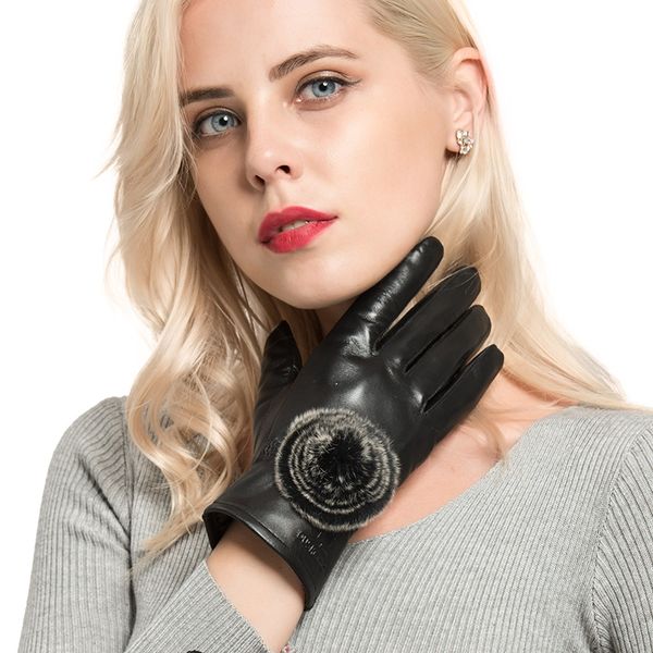 

genuine leather ladies gloves with fur flower coral velvet lining winter warm female gloves sheepskin mittens for women, Blue;gray