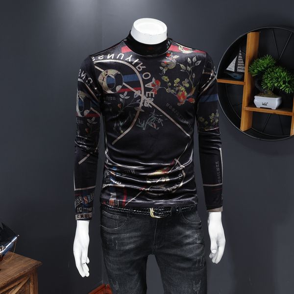 

2020 autumn new thick tight-fitting long-sleeved t-shirt korean version of self-cultivation youth fashion male fashion flower t-shirt, White;black