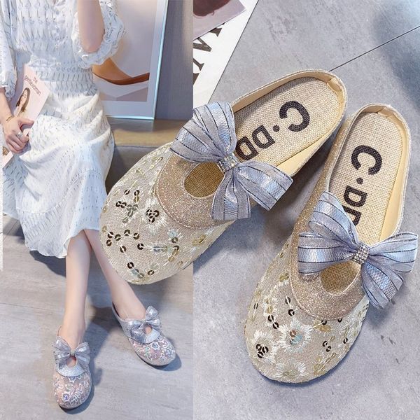 

fairy silk bowknot air mesh mules women shoes sandals breathable paillette slides glitter embroider cover toe slippers women2020, Black