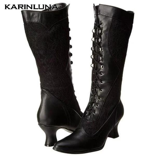 

women's new arrivals plus size 43 winter shoes vintage shoelaces lace high heels fashion boots, Black