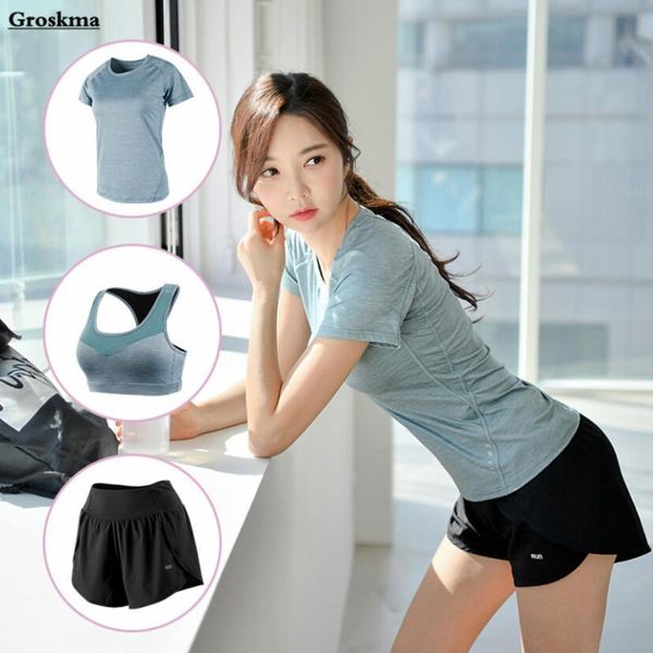 

women fitness gym suits short sleeve t shirt+bra+shorts yoga 3 piece set quick dry running sportswear clothing, White;red
