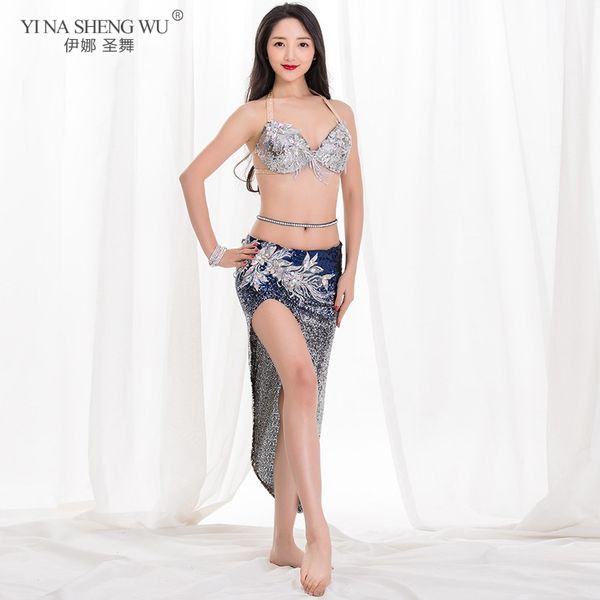 

new belly dance summer short skirt costumes gradient sequins oriental dance practice set skirt 2pcs for women, Black;red