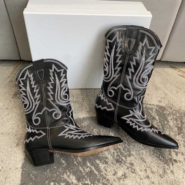 

women shoes winter mid calf embroidery women boots genuine leather square toe med heels boots zapatos de mujer, Black