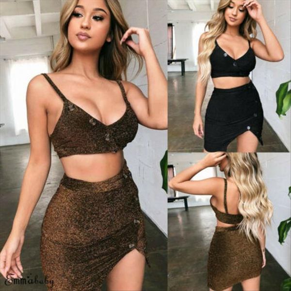

2019 women 2 piece bodycon sequin crop split skirt set button dress party club, Gray