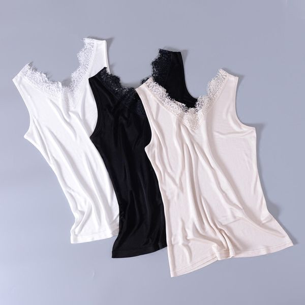 

camis women tank 100% silk knitted elastic fabric solid 3 colors simple design high comfort casual basic clothing, White
