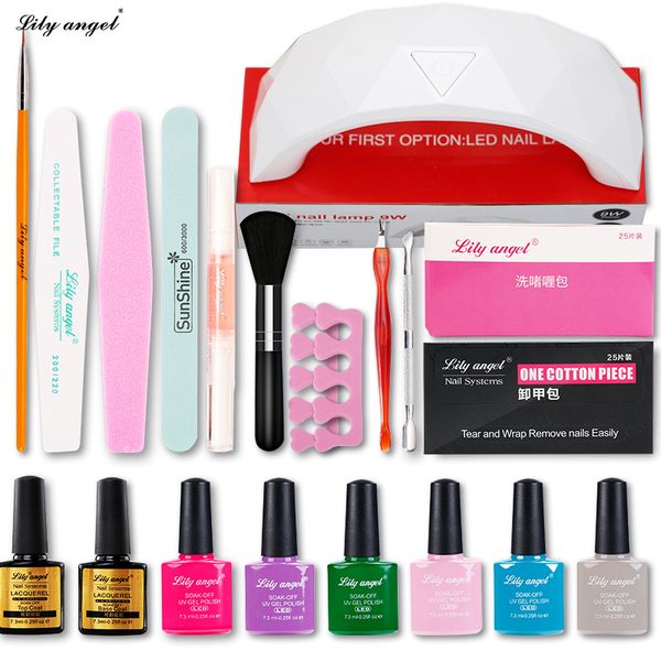 

nail gel lily angel 9w led lamp+6color 7.3ml uv naill base coat polish art manicure tool kits with tip remover practice set, Red;pink