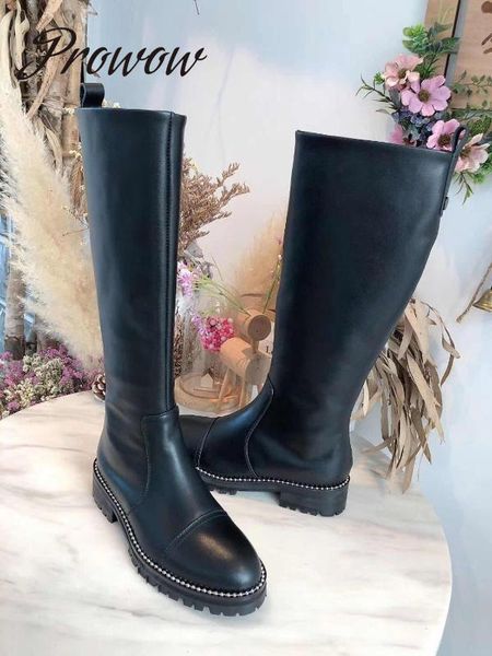 

prowow autumn winter genuine leather zip side boots round toe thick heel knee high boots shoes women, Black