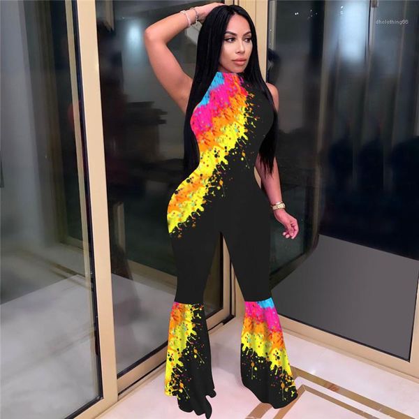

jumpsuits fashion crew neck sleeveless speaker pants womens clothing casual slim rompers tie dye womens designer, Black;white