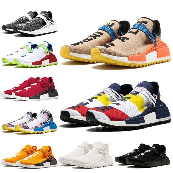 

2020 new human race hu trail running shoes pharrell williams triple black white yellow solar pack sun glow women mens trainers sneakers