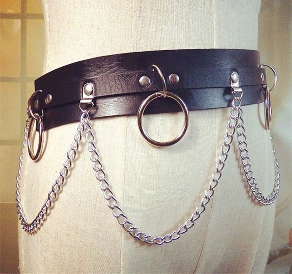 

fashion punk gothic faux leather belt metal chain ring waist strap street dance04, Black;brown
