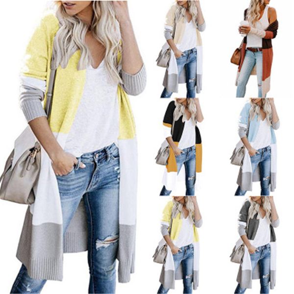 

womens winter v neck sweaters fashion colorblocked long sleeve cardigan knit sweaters designer female casual loose with pocket coats, White;black