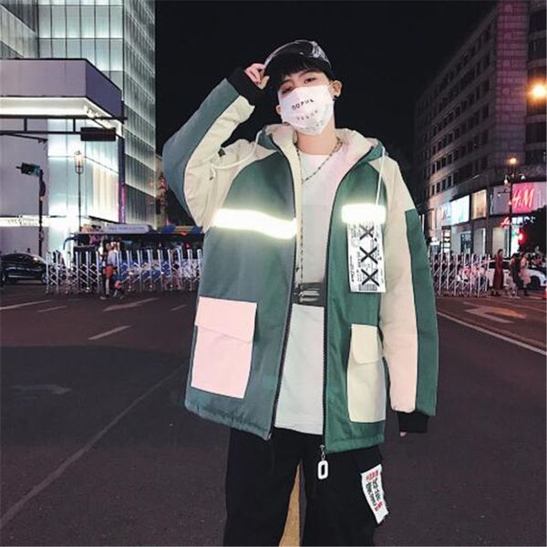 

men's down & parkas reflective strip winter coat men warm and waterproof hooded jacket loose parka student clothes 2021 casaco masculin, Black