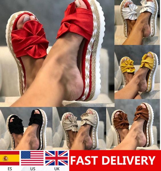 

618 2020 new summer slippers women shoes non-slip wedge slippers slip on flip flops bow flat plus size shoes, Black